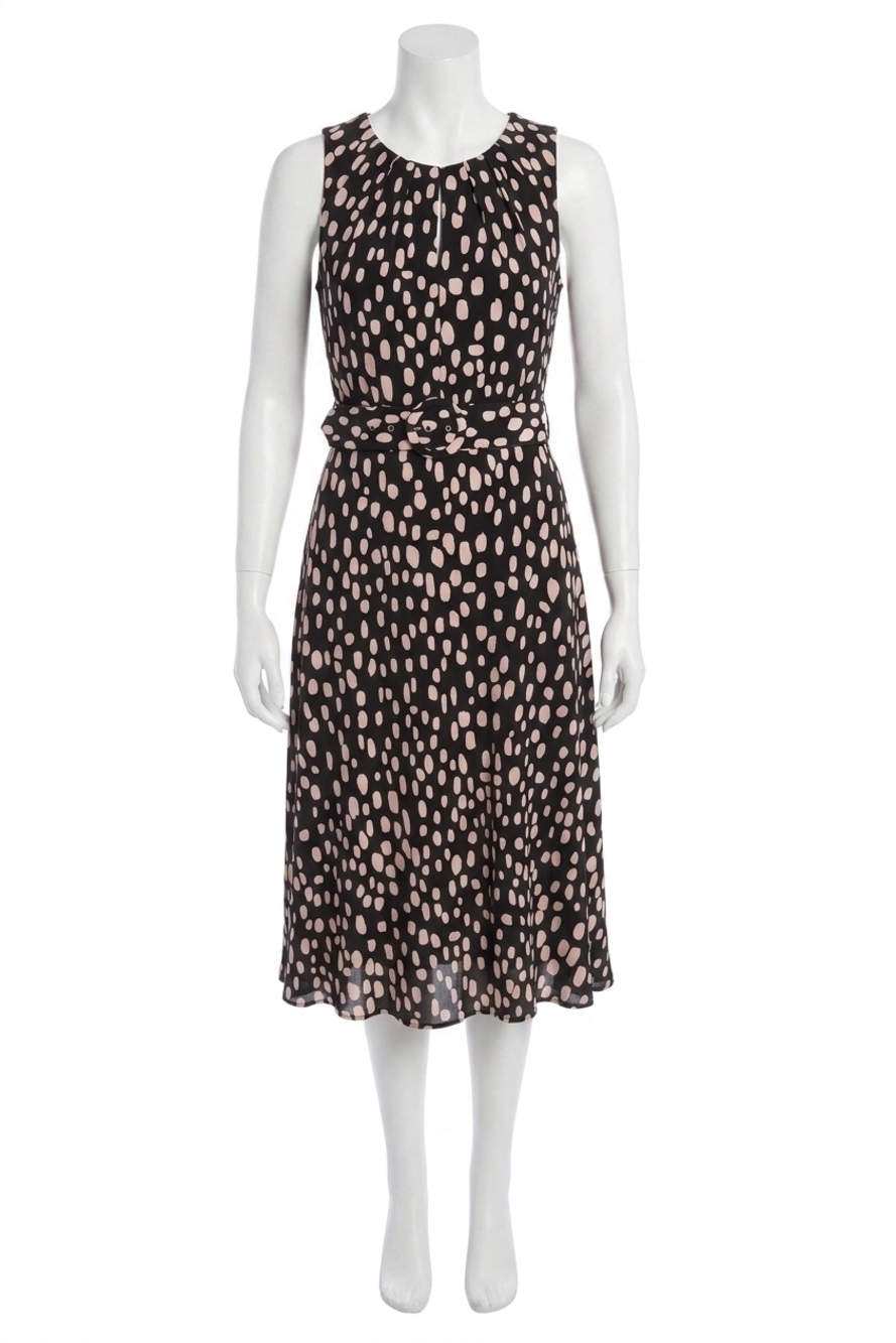 NEW LONDON TIMES chalk belted midi dress in black/blush